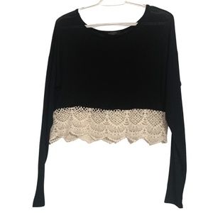 Solemio | Black Long Sleeve Crop Top with Lace Trim